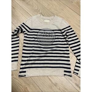 Zadig & Voltaire Cream and Navy Striped Crew Sweater with Embellished Logo